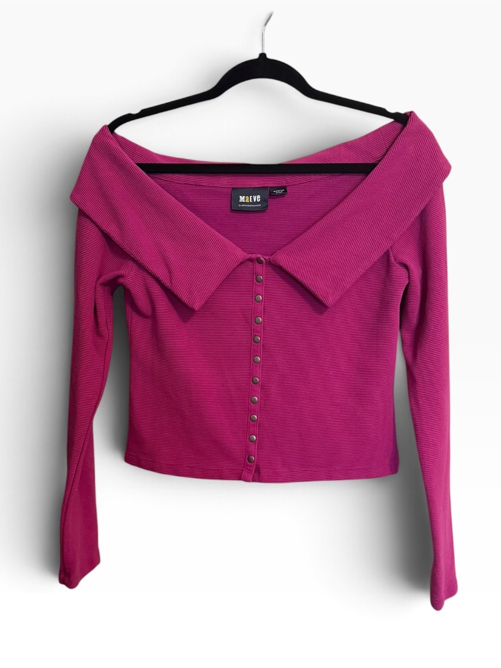 Anthropologie Mauve Ribbed Off-Shoulder Snap-Front Long Sleeve Top